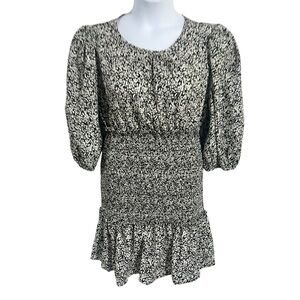 I. Madeline Black Ditsy Floral Print Smocked Puff Sleeve Mini Dress Size L NWT